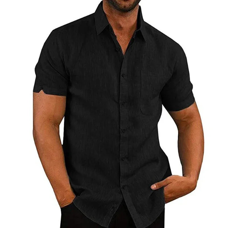 Camisas de linho de algodão de verão para homens casuais camisas de manga curta blusas sólidas gola virada para baixo camisas de praia formais roupas masculinas