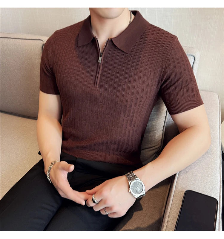 Camisa polo listrada de malha masculina manga curta 2025 verão novo sólido casual respirável luz macia fina casual t camisa roupas masculinas