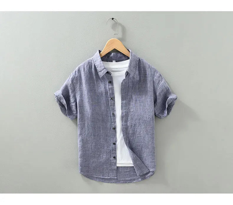 Camisas masculinas casuais de linho puro, monocromática, manga curta, tamanho grande, camisa de botões, na moda
