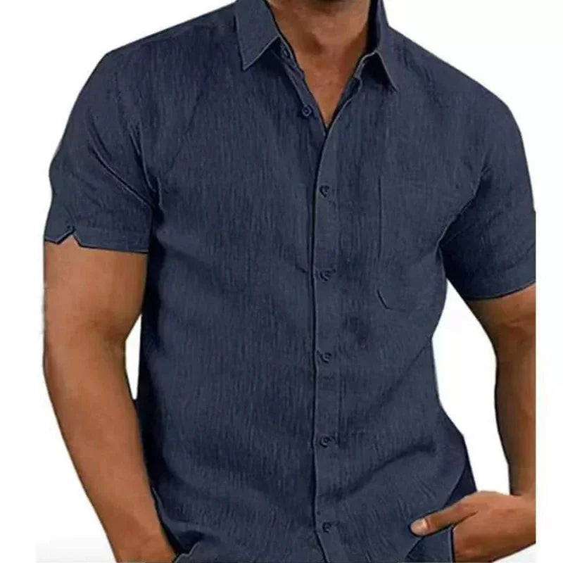 Camisas de linho de algodão de verão para homens casuais camisas de manga curta blusas sólidas gola virada para baixo camisas de praia formais roupas masculinas