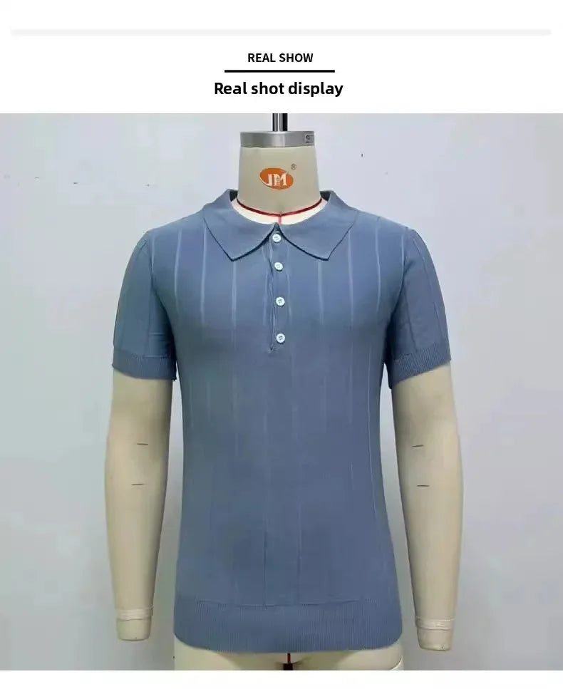 Camisa polo de seda gelo masculina manga curta malha verão fino ajuste muscular negócios casual moda respirável roupas confortáveis