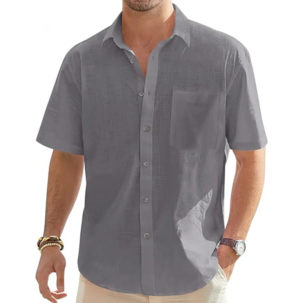 Camisas masculinas de manga curta de linho de algodão de cor sólida férias praia verão tops com bolso casual camisas de botão leves