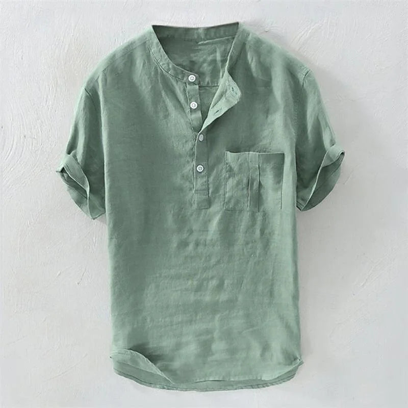 Camiseta Havaiana Masculina, Henley Decote V, Manga Curta, Top de Bolso, Cor Sólida, Camisa da Moda 100% Algodão e Linho
