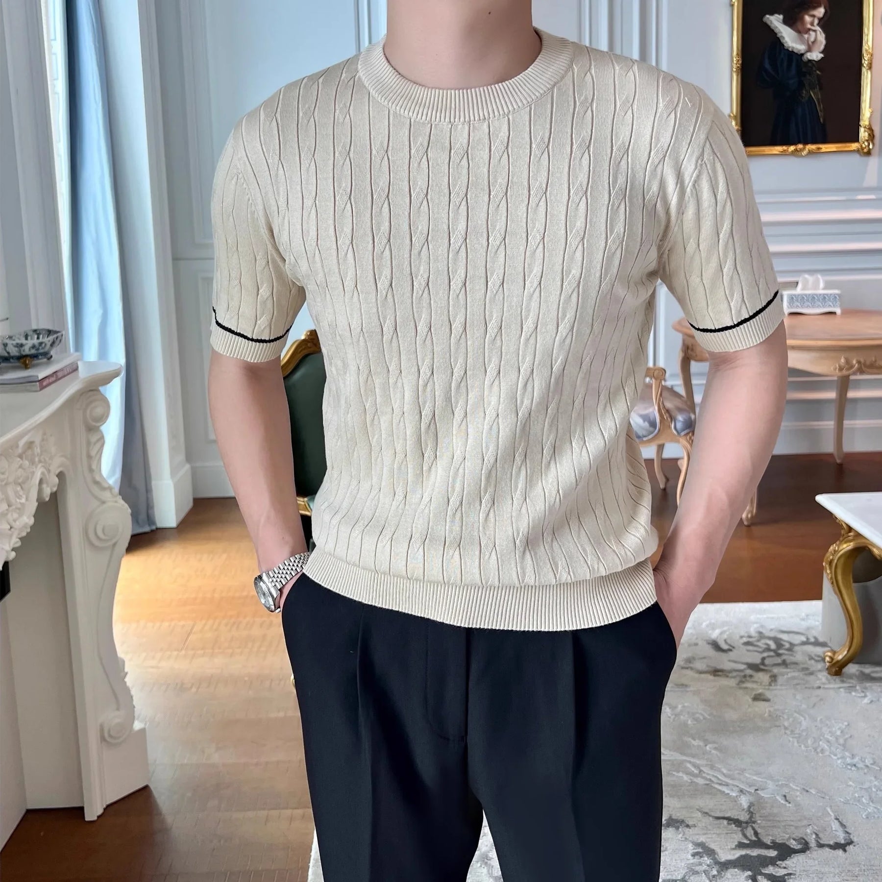 Moda masculina camiseta de malha estilo emagrecimento em torno do pescoço mangas curtas leve verão topos rosca camada base