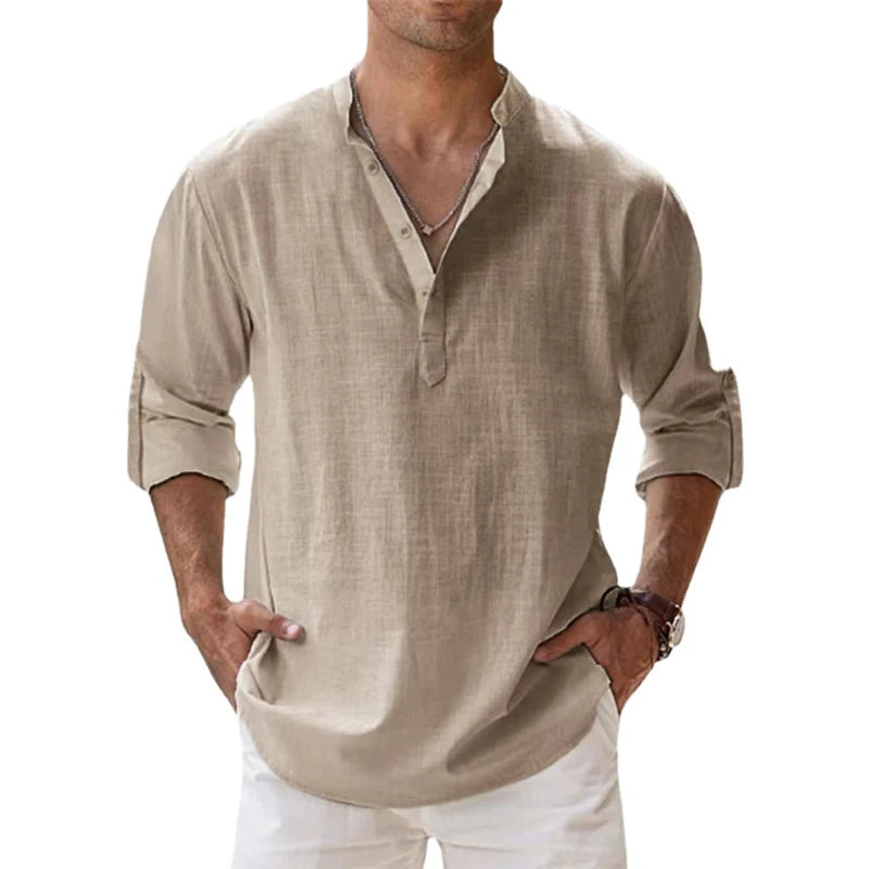 Novas camisas de linho de algodão para homens camisas casuais leves manga longa henley praia camisas havaianas para homem