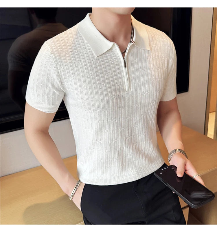 Camisa polo listrada de malha masculina manga curta 2025 verão novo sólido casual respirável luz macia fina casual t camisa roupas masculinas