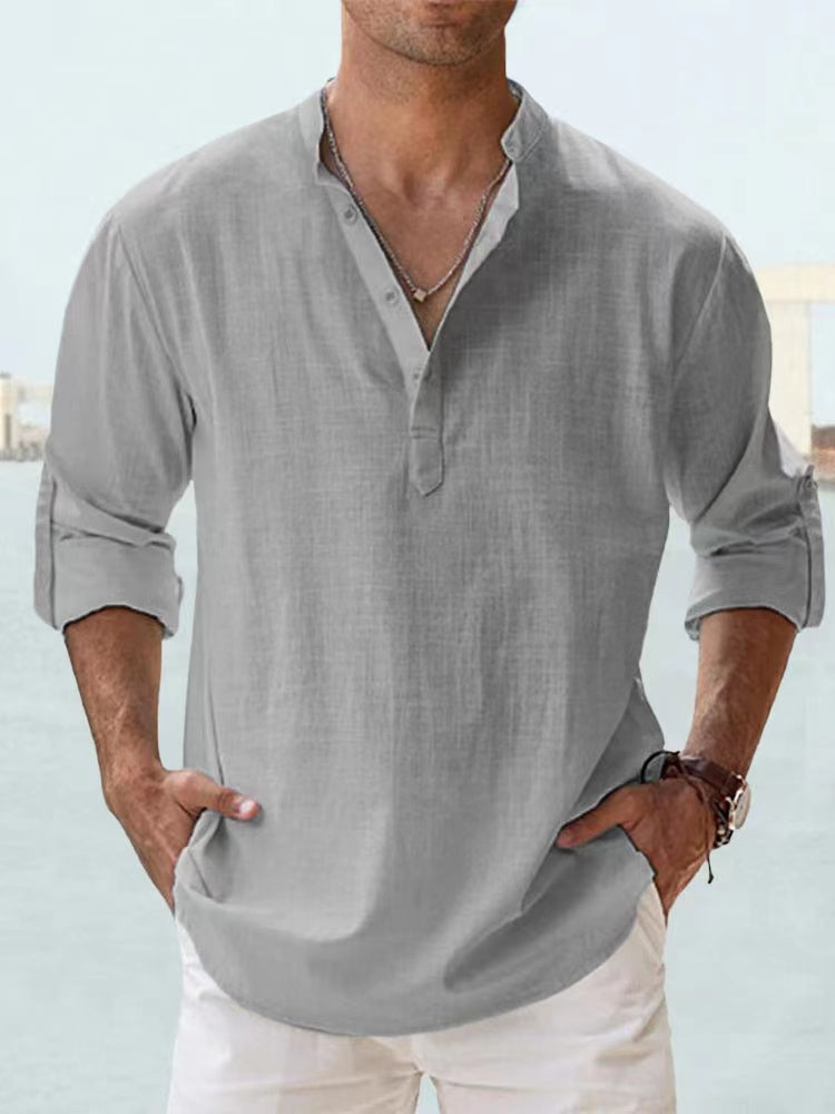 Novas camisas de linho de algodão para homens camisas casuais leves manga longa henley praia camisas havaianas para homem