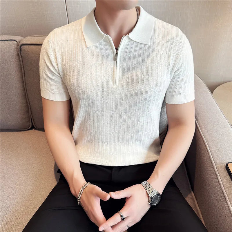 Camisa polo listrada de malha masculina manga curta 2025 verão novo sólido casual respirável luz macia fina casual t camisa roupas masculinas