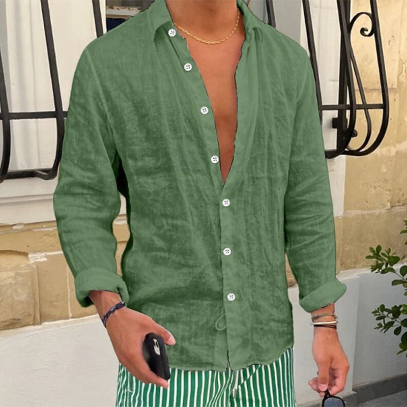 Primavera novas camisas de linho casuais dos homens manga longa botão-up turn-down colarinho camisa à beira-mar praia vintage masculino cor sólida cardigans