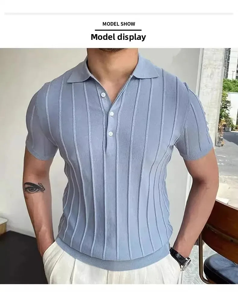 Camisa polo de seda gelo masculina manga curta malha verão fino ajuste muscular negócios casual moda respirável roupas confortáveis