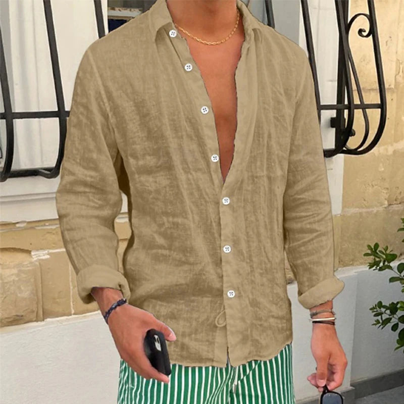 Primavera novas camisas de linho casuais dos homens manga longa botão-up turn-down colarinho camisa à beira-mar praia vintage masculino cor sólida cardigans