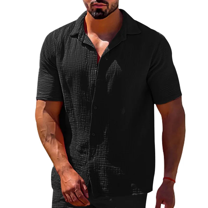 Camisa masculina de linho de algodão de manga curta, monocromática, gola virada para baixo, blusa casual de peito único masculina, tops de verão