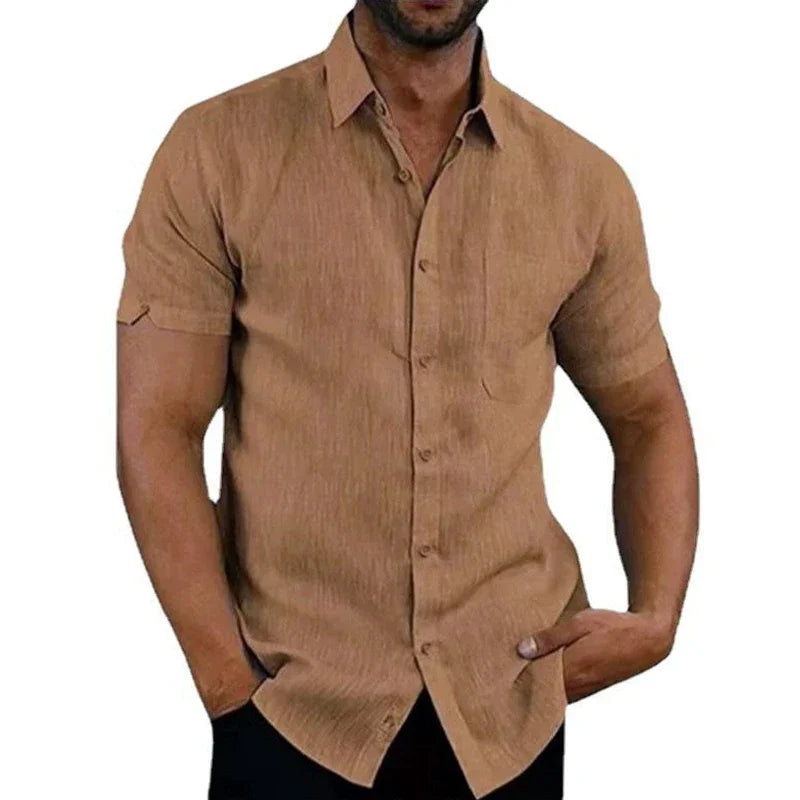 Camisas de linho de algodão de verão para homens casuais camisas de manga curta blusas sólidas gola virada para baixo camisas de praia formais roupas masculinas