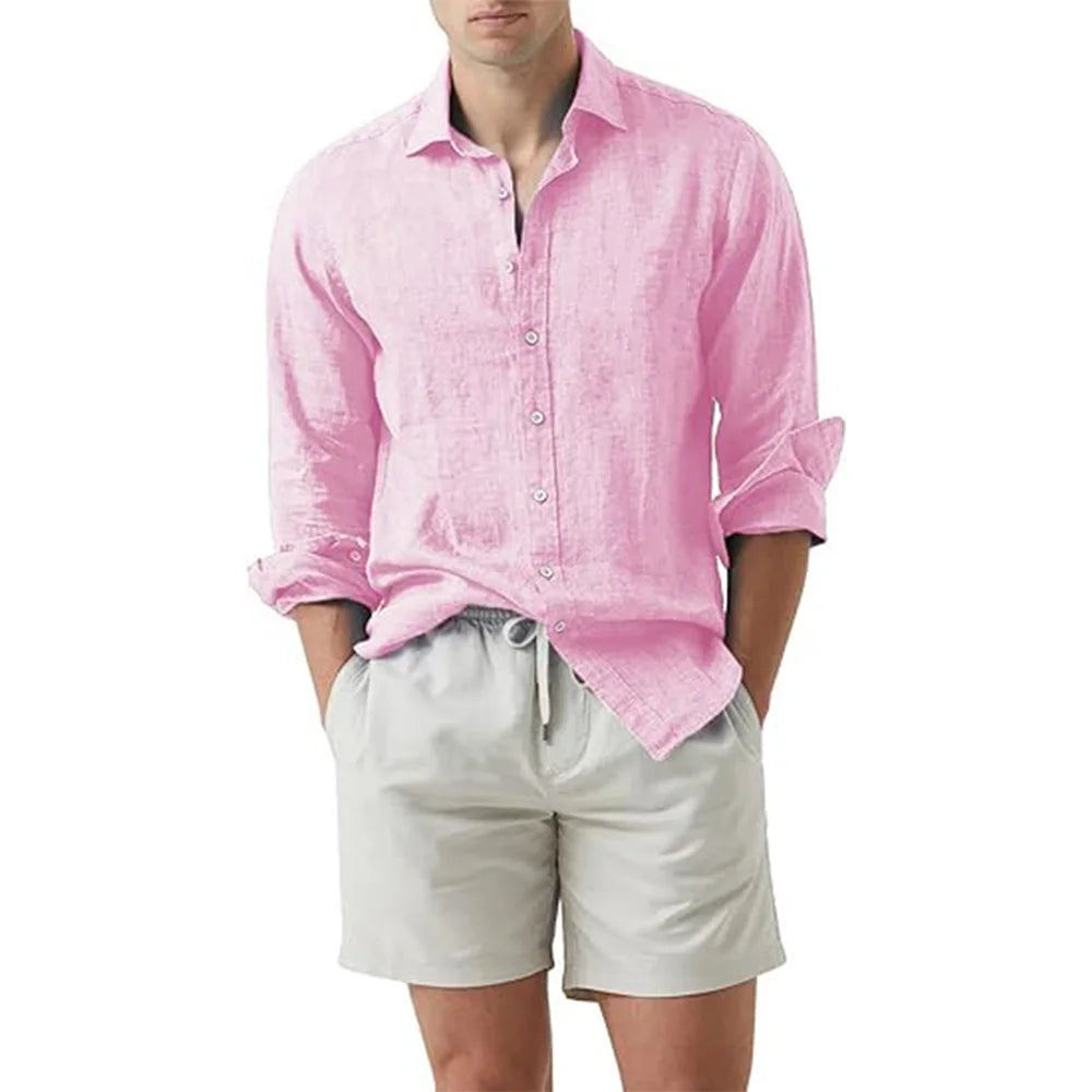 Camisa de verão praia algodão linho camisas masculinas cardigan topos manga comprida gola virada para baixo ajuste fino tamanho grande