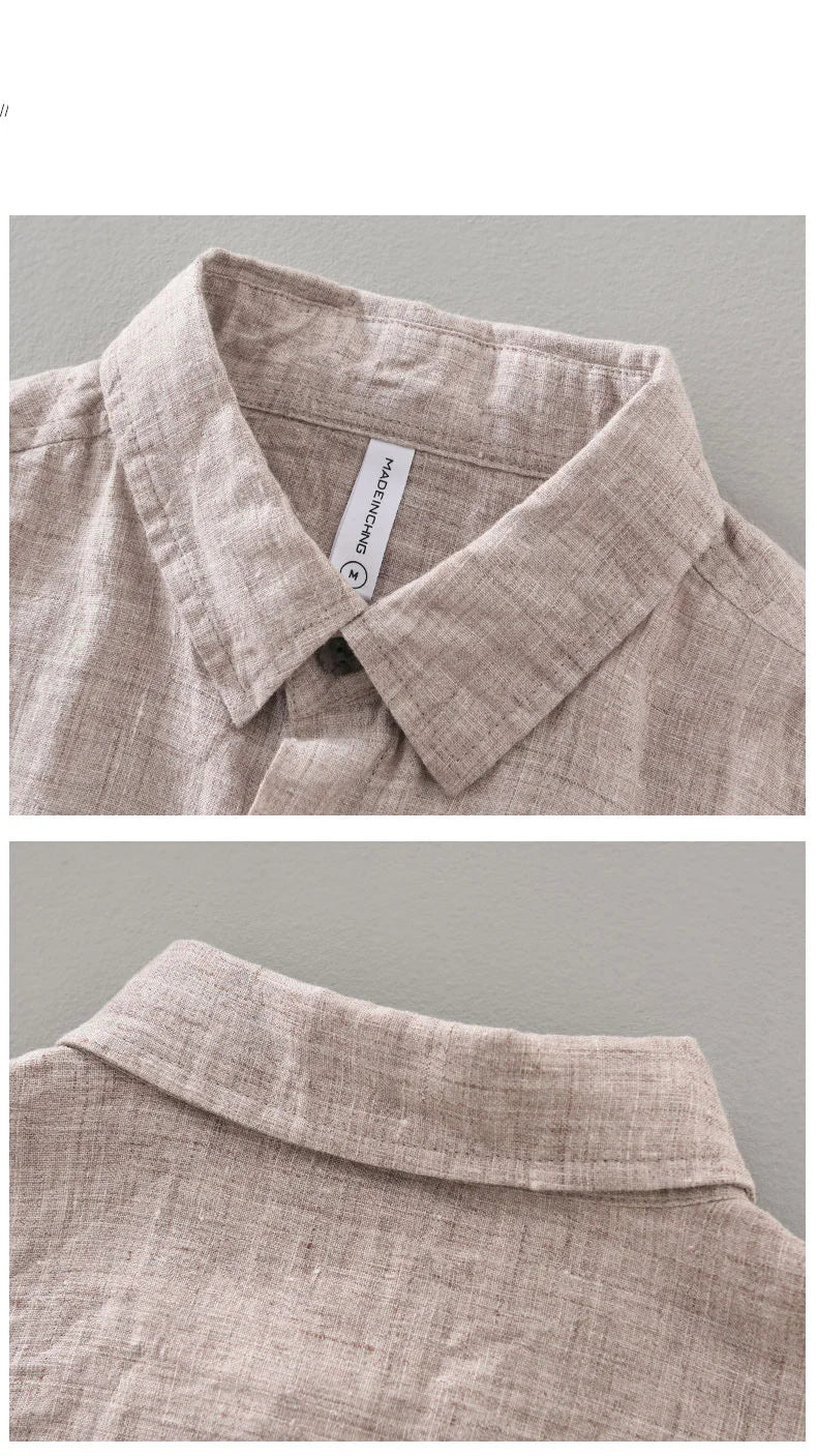 Camisas masculinas casuais de linho puro, monocromática, manga curta, tamanho grande, camisa de botões, na moda
