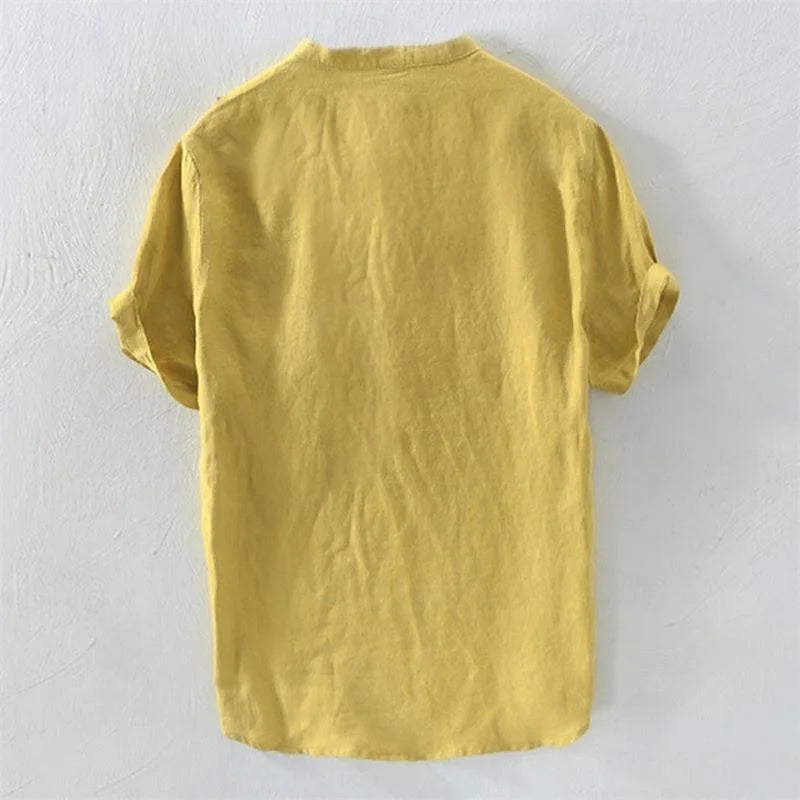 Camiseta Havaiana Masculina, Henley Decote V, Manga Curta, Top de Bolso, Cor Sólida, Camisa da Moda 100% Algodão e Linho