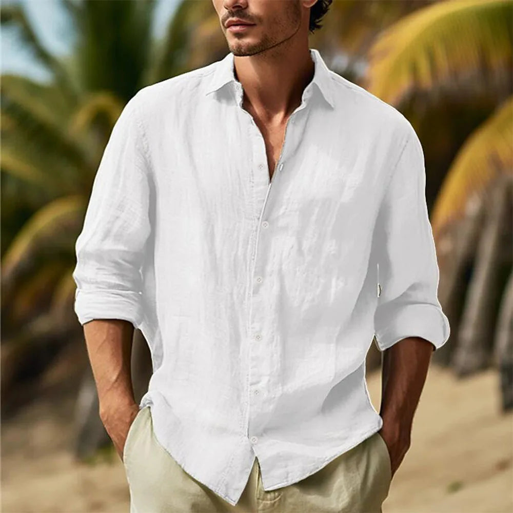 Camisa Masculina de Linho e Algodão com Gola Elegante