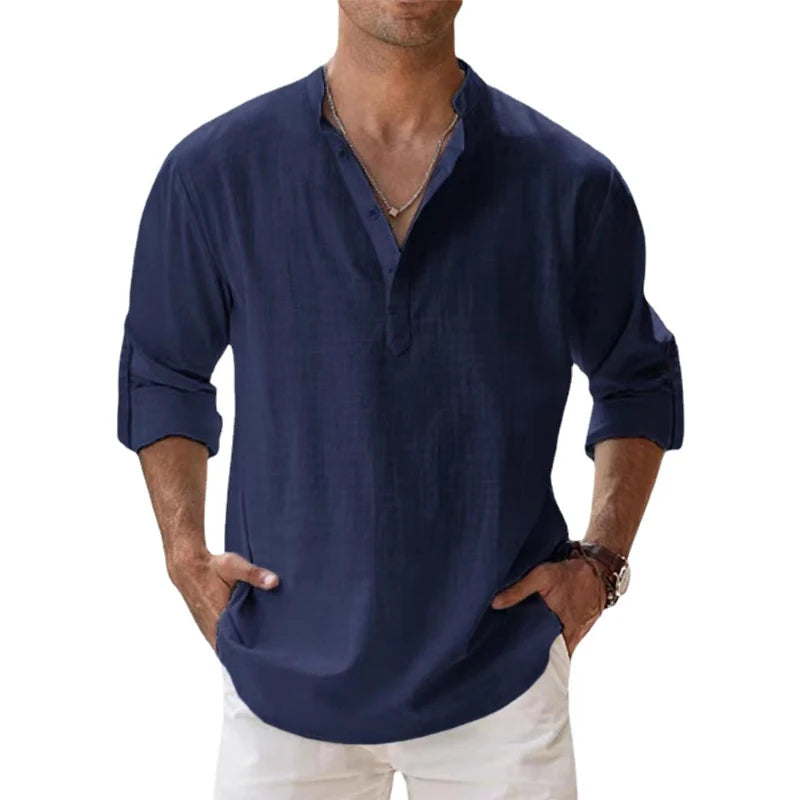 Novas camisas de linho de algodão para homens camisas casuais leves manga longa henley praia camisas havaianas para homem