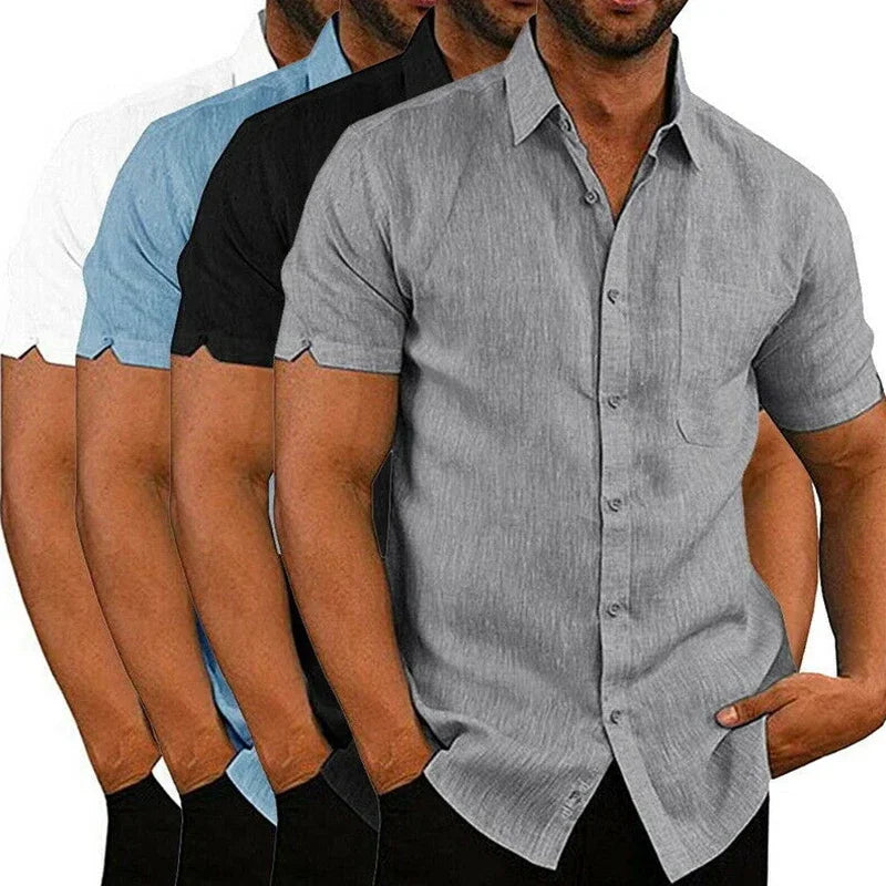 Camisas de linho de algodão de verão para homens casuais camisas de manga curta blusas sólidas gola virada para baixo camisas de praia formais roupas masculinas
