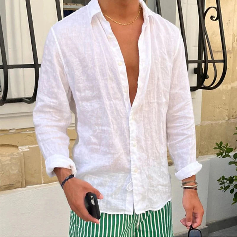 Primavera novas camisas de linho casuais dos homens manga longa botão-up turn-down colarinho camisa à beira-mar praia vintage masculino cor sólida cardigans