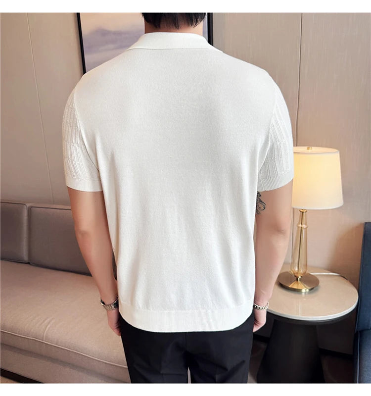 Camisa polo listrada de malha masculina manga curta 2025 verão novo sólido casual respirável luz macia fina casual t camisa roupas masculinas