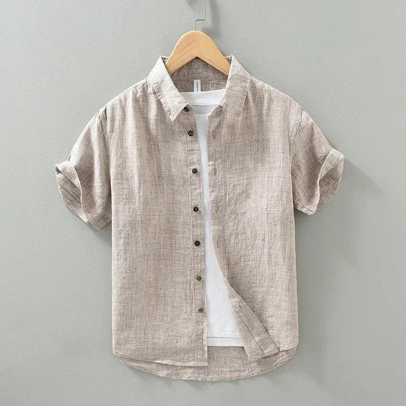 Camisas masculinas casuais de linho puro, monocromática, manga curta, tamanho grande, camisa de botões, na moda
