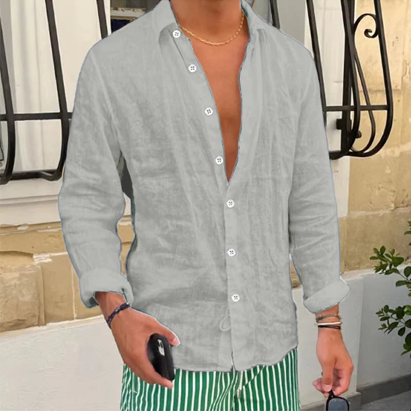 Primavera novas camisas de linho casuais dos homens manga longa botão-up turn-down colarinho camisa à beira-mar praia vintage masculino cor sólida cardigans