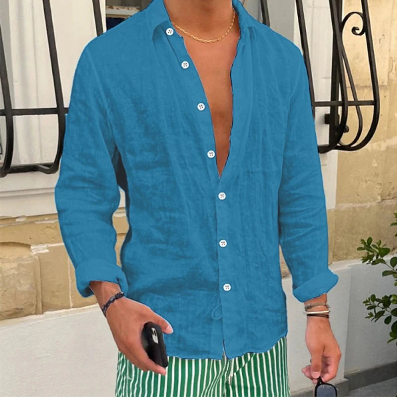Primavera novas camisas de linho casuais dos homens manga longa botão-up turn-down colarinho camisa à beira-mar praia vintage masculino cor sólida cardigans