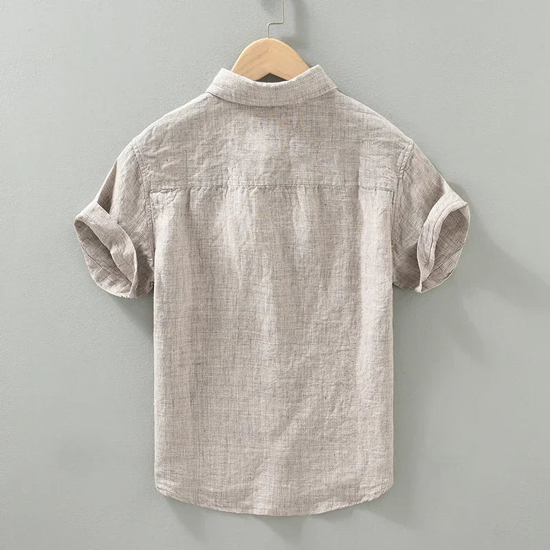 Camisas masculinas casuais de linho puro, monocromática, manga curta, tamanho grande, camisa de botões, na moda