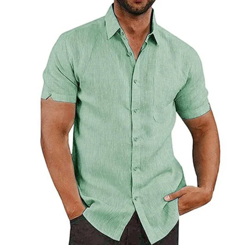 Camisas de linho de algodão de verão para homens casuais camisas de manga curta blusas sólidas gola virada para baixo camisas de praia formais roupas masculinas