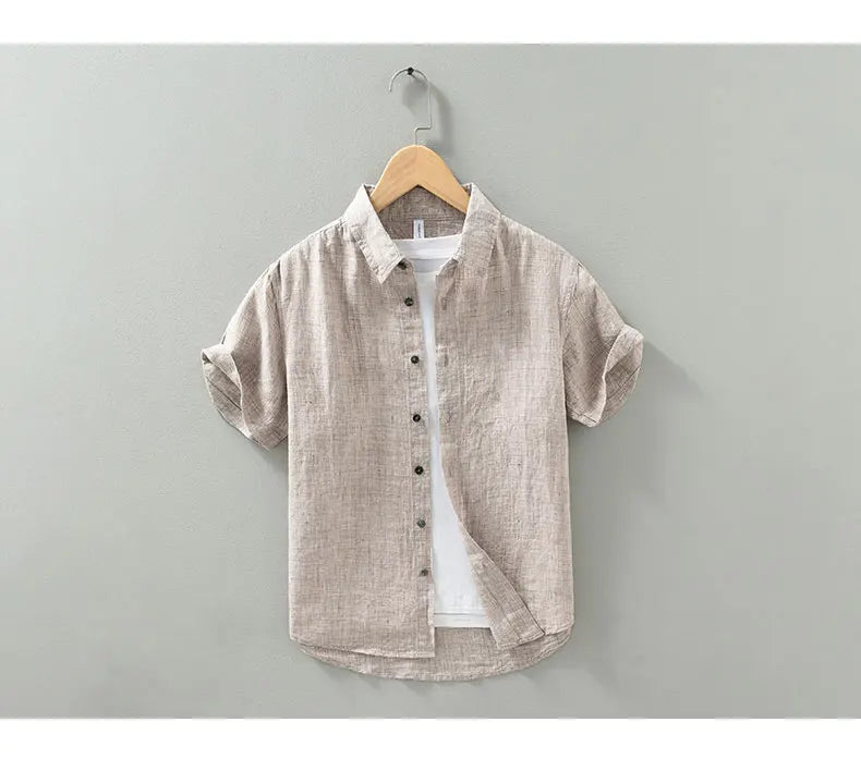 Camisas masculinas casuais de linho puro, monocromática, manga curta, tamanho grande, camisa de botões, na moda