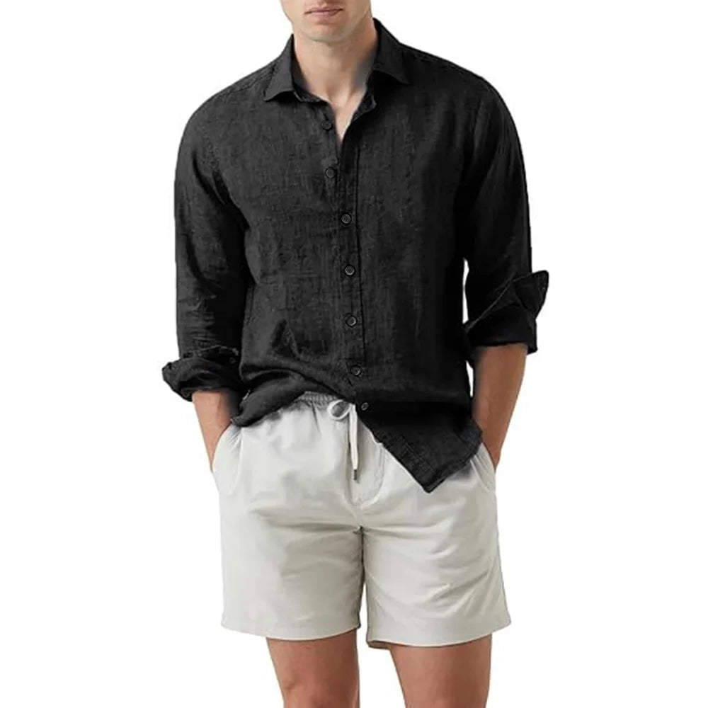 Camisa de verão praia algodão linho camisas masculinas cardigan topos manga comprida gola virada para baixo ajuste fino tamanho grande
