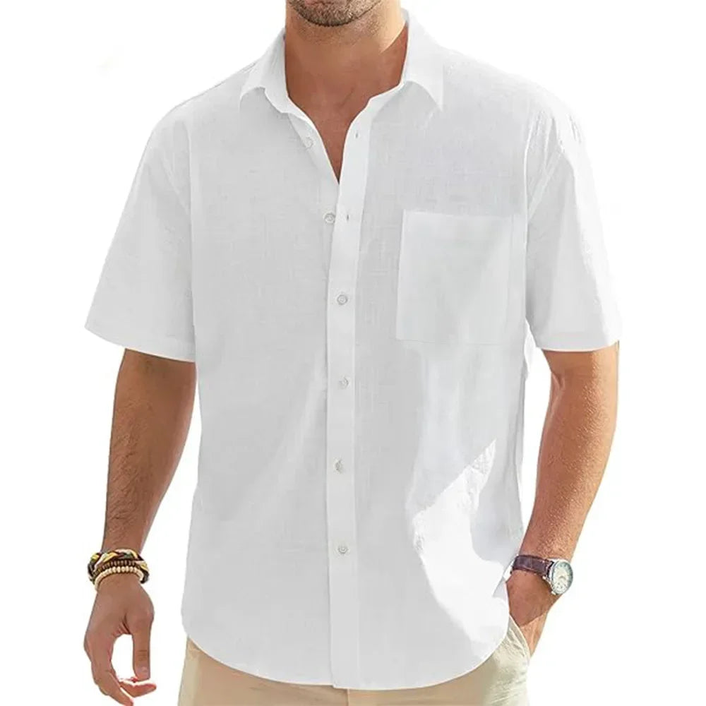 Camisas masculinas de manga curta de linho de algodão de cor sólida férias praia verão tops com bolso casual camisas de botão leves