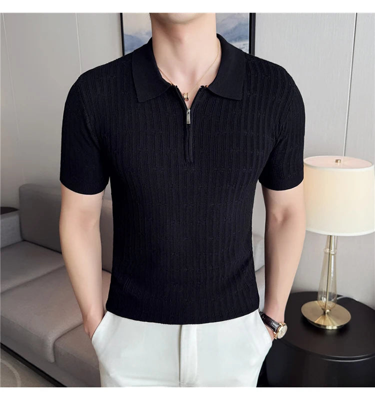 Camisa polo listrada de malha masculina manga curta 2025 verão novo sólido casual respirável luz macia fina casual t camisa roupas masculinas