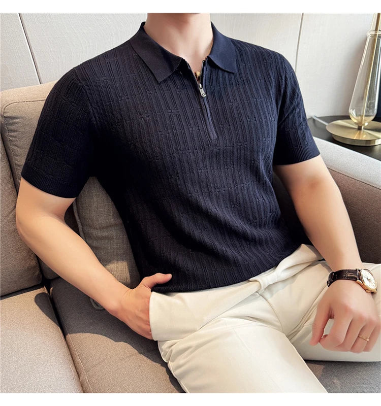 Camisa polo listrada de malha masculina manga curta 2025 verão novo sólido casual respirável luz macia fina casual t camisa roupas masculinas