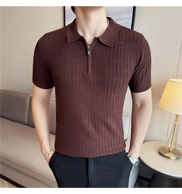 Camisa polo listrada de malha masculina manga curta 2025 verão novo sólido casual respirável luz macia fina casual t camisa roupas masculinas