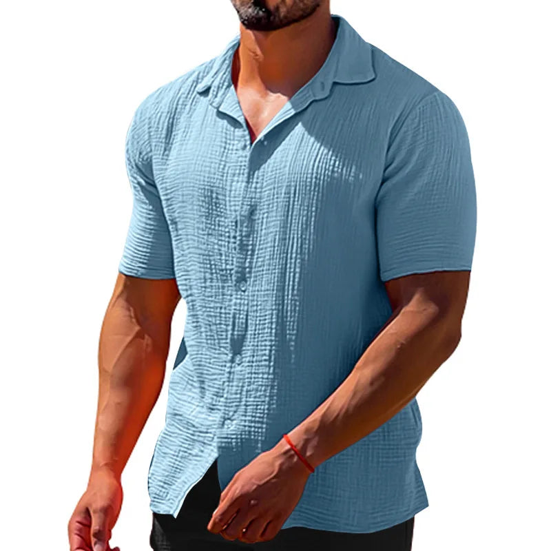 Camisa masculina de linho de algodão de manga curta, monocromática, gola virada para baixo, blusa casual de peito único masculina, tops de verão