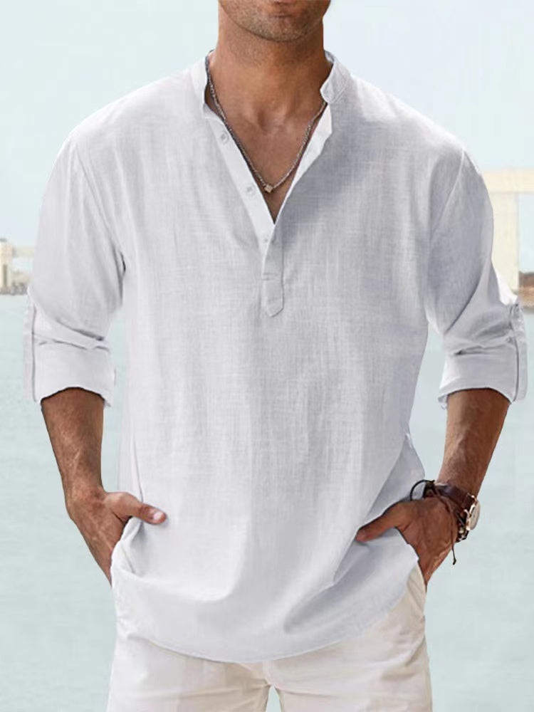 Novas camisas de linho de algodão para homens camisas casuais leves manga longa henley praia camisas havaianas para homem