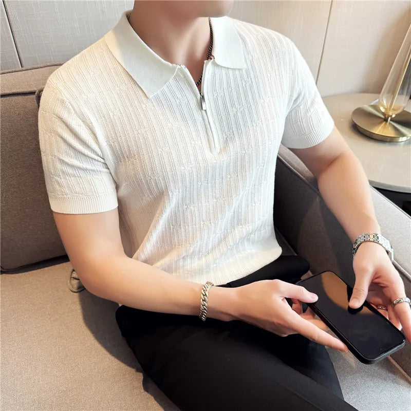 Camisa polo listrada de malha masculina manga curta 2025 verão novo sólido casual respirável luz macia fina casual t camisa roupas masculinas