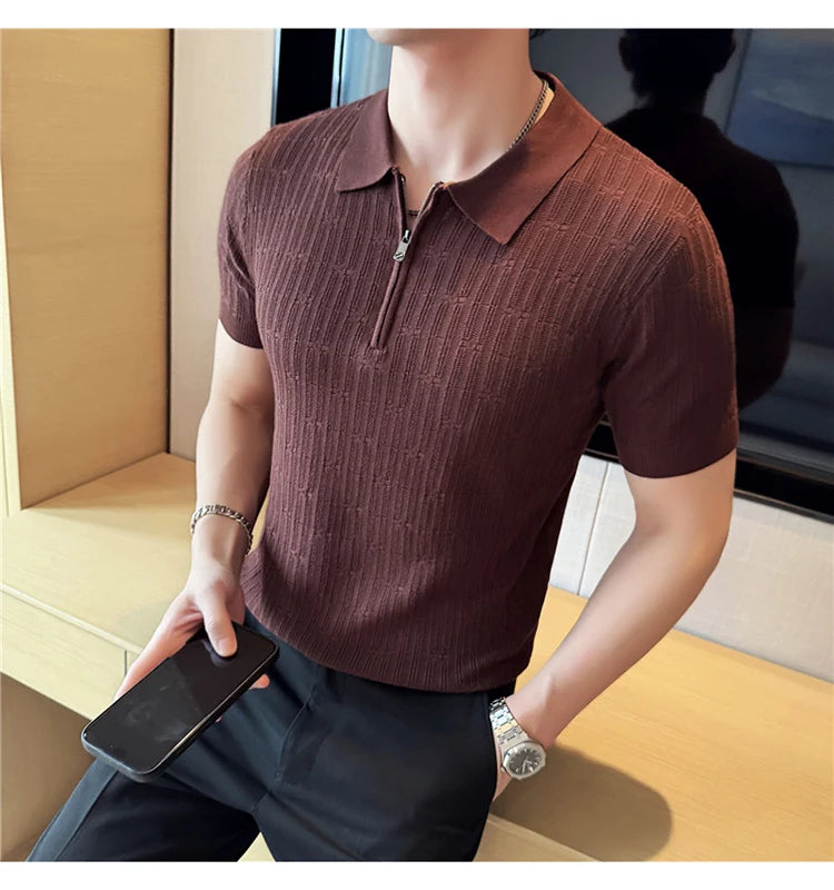 Camisa polo listrada de malha masculina manga curta 2025 verão novo sólido casual respirável luz macia fina casual t camisa roupas masculinas