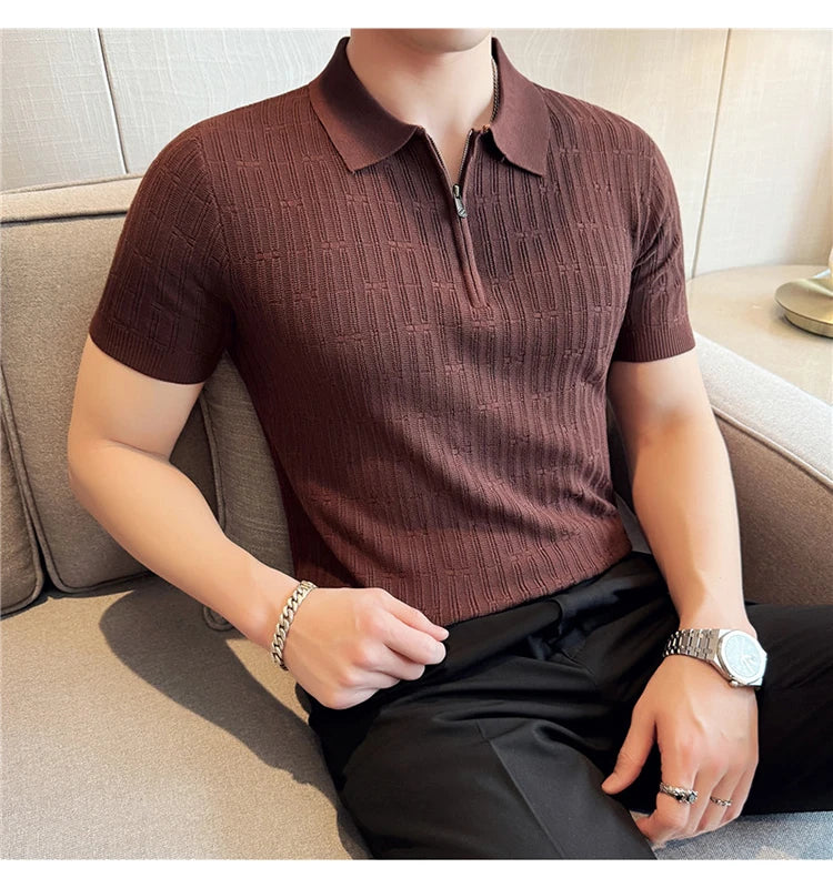 Camisa polo listrada de malha masculina manga curta 2025 verão novo sólido casual respirável luz macia fina casual t camisa roupas masculinas