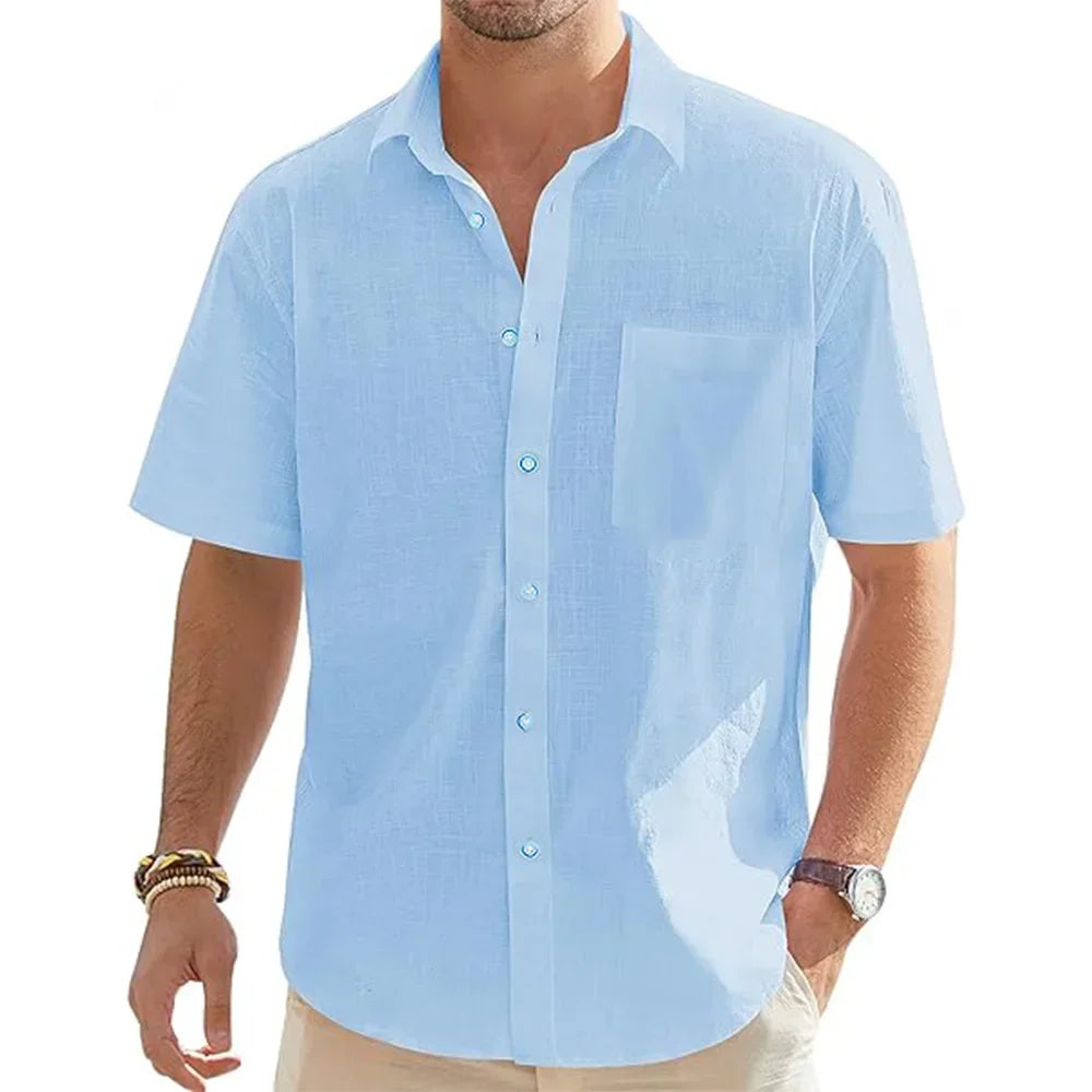 Camisas masculinas de manga curta de linho de algodão de cor sólida férias praia verão tops com bolso casual camisas de botão leves