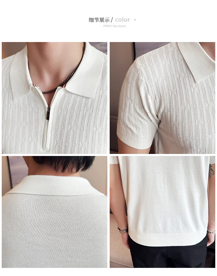 Camisa polo listrada de malha masculina manga curta 2025 verão novo sólido casual respirável luz macia fina casual t camisa roupas masculinas