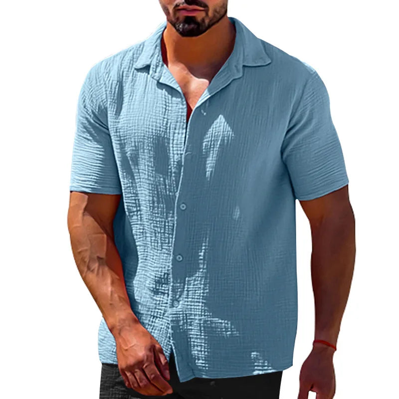 Camisa masculina de linho de algodão de manga curta, monocromática, gola virada para baixo, blusa casual de peito único masculina, tops de verão