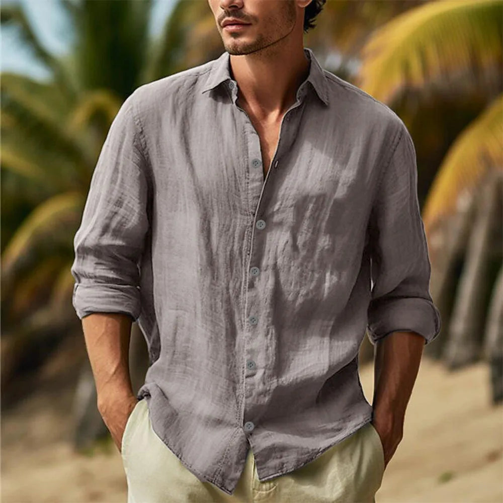 Camisa Masculina de Linho e Algodão com Gola Elegante