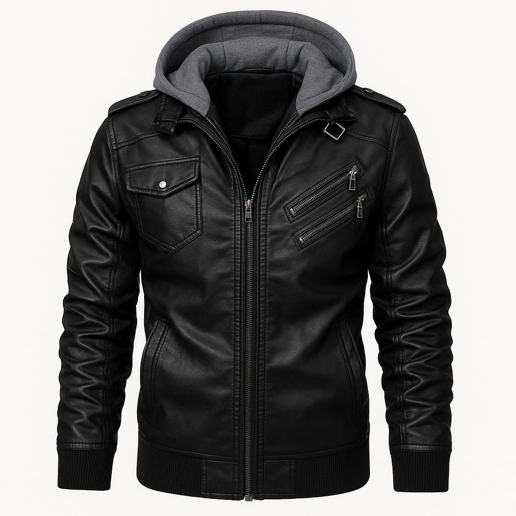Jaqueta de Couro Masculina Motoqueiro com Capuz Destacável
