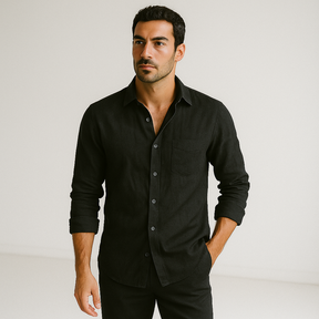 Camisa Masculina Linho Manga Longa Preta Casual