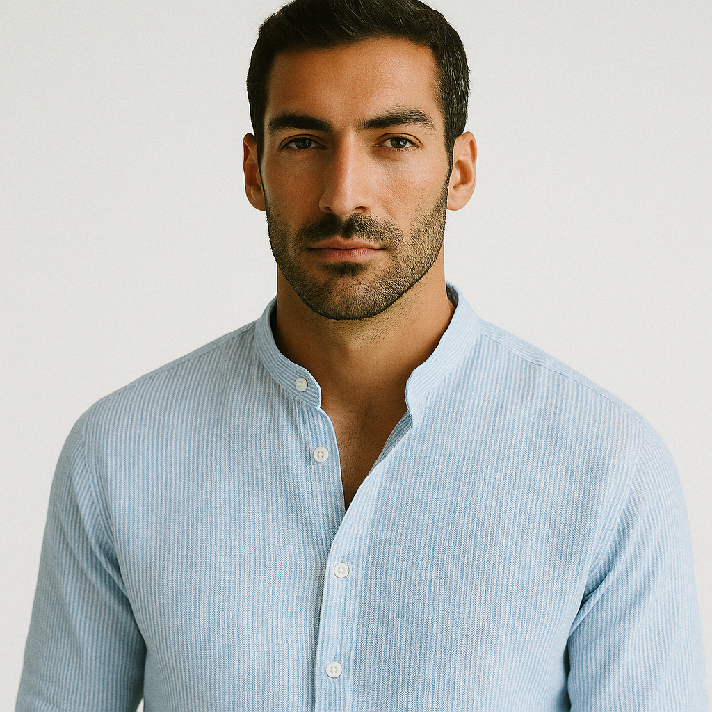 Camisa Masculina Linho Manga Longa Azul Claro Henley