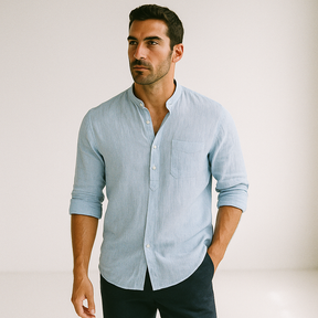 Camisa Masculina Linho Manga Longa Azul Claro Henley