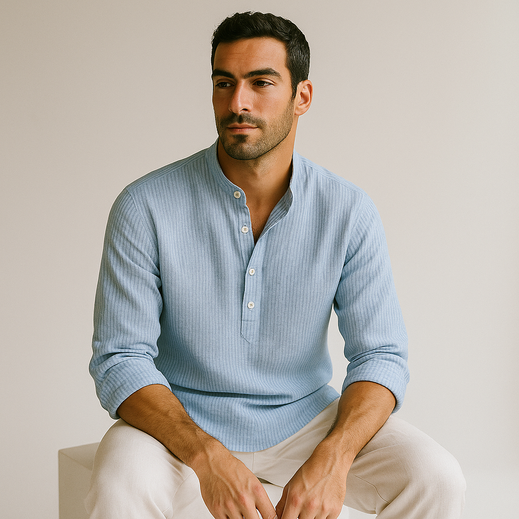 Camisa Masculina Linho Manga Longa Azul Claro Henley